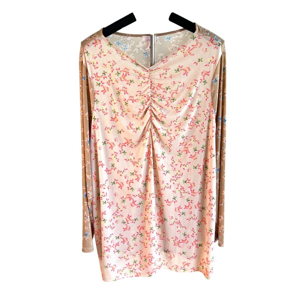 LOGO Layers‎ Printed Mesh Ruched Top Peach Blossom Womens 2X Cottage Work